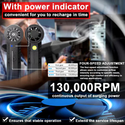 Suflanta aer portabila, indicator baterie, turbo fan, 130000 RPM, 4 trepte de putere, baterie 5000 mAh, negru cu 2 acumulatori - PromotiiZilnice